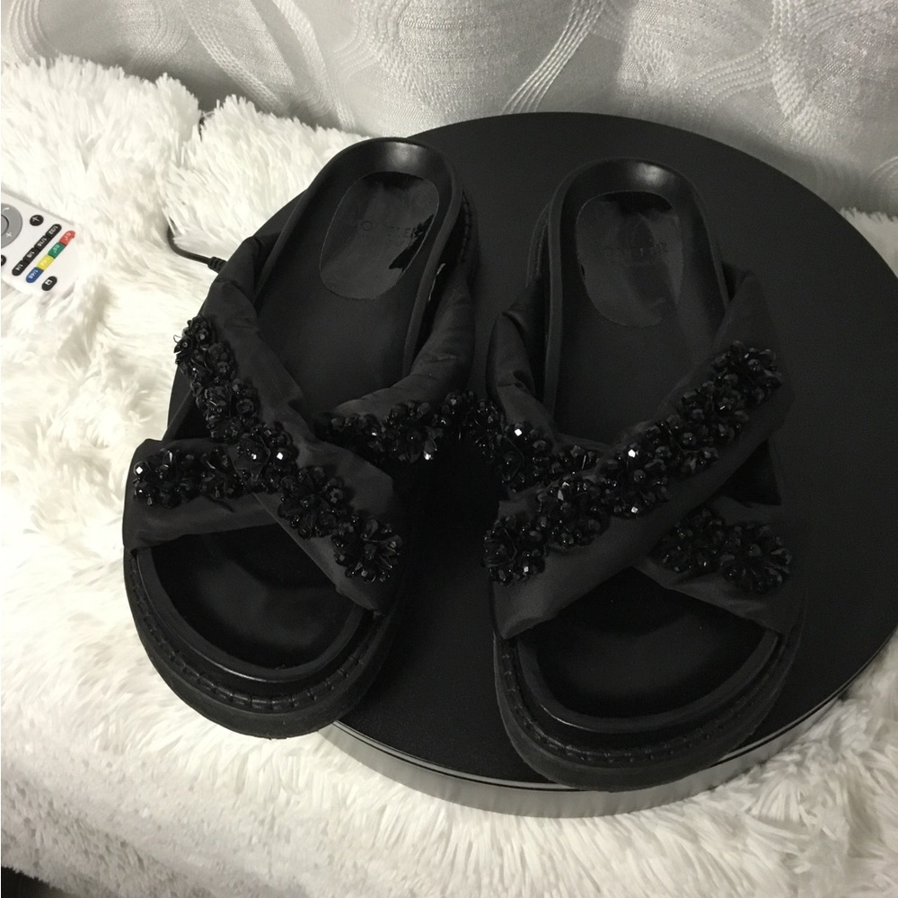 Moncler Black Beaded Crisscross Slide Sandals